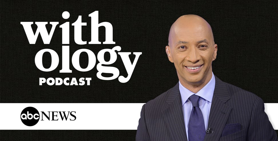 American Journalist, Byron Pitts smiles in front of a black background. Behind him the text reads "Withology podcast".