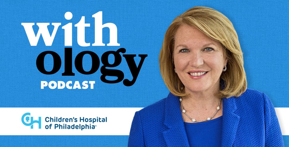 CHOP President and CEO, Madeline Bell smiles in front of a blue background. Behind her the text reads " Withology podcast".