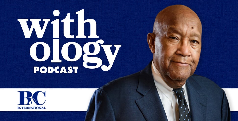 Influential advisor, Robert " Bob" Brown smiles in front of a blue background. Behind him the text reads "Withology podcast".