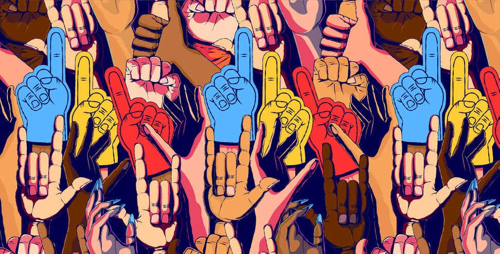 Hands in different positions fill up a dark blue background. Some of the positions include the empowerment gesture, love and positivity gesture, and others hands are wearing a number one foam finger in different colors. 