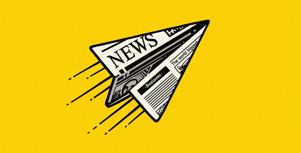 Centered on a yellow background is a  graphic of a newspaper folded into a paper airplane. 
