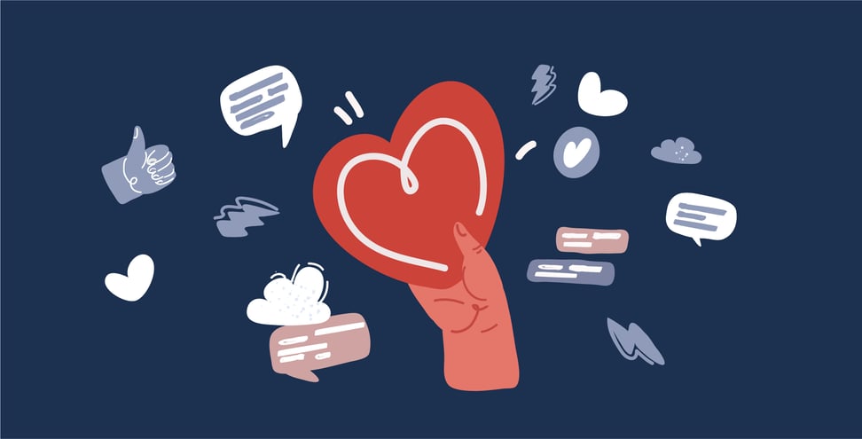 Centered on a dark blue background is a red cartoon hand holding a large red heart.  The hand is surrounded by cartoon thumbs ups, blank text bubbles, conversation bubbles, clouds, hearts, and lightning strikes.