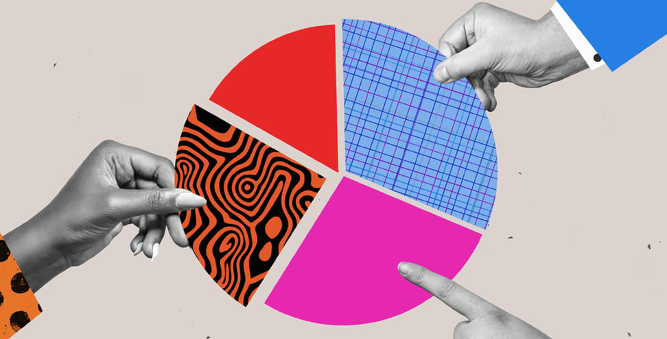 Human hands symbolizing teamwork working on a pie chart. Arms point fingers hold pieces diagram chart.