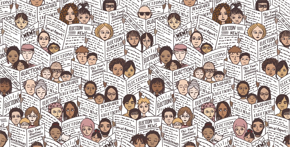 Illustrated pattern of diverse people reading newspapers about the elections.