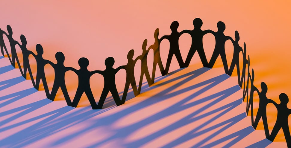 Paper people joining together as team, union, family or network