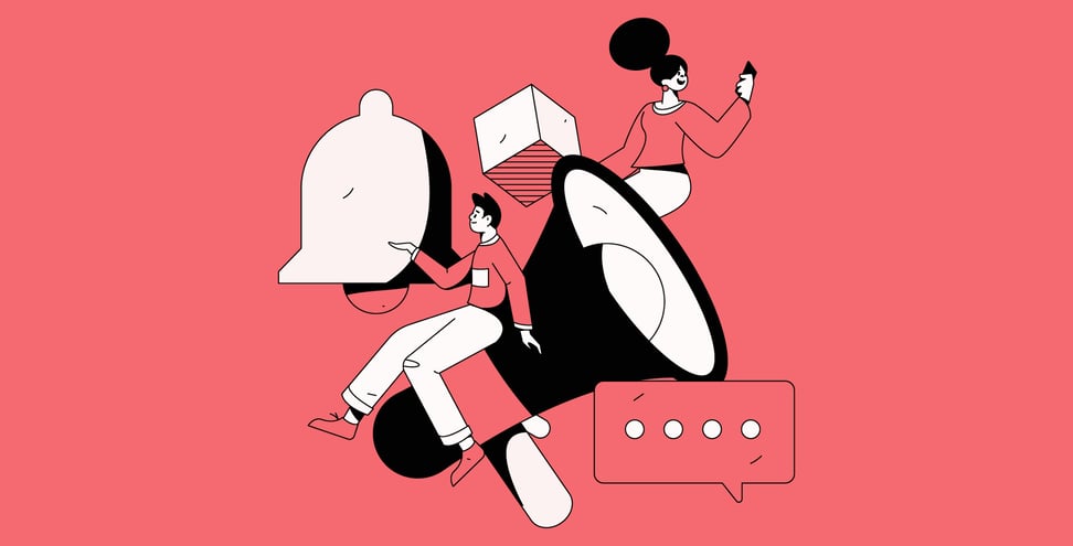 Illustration of two people interacting with oversized icons including a bell, megaphone, speech bubble, and cube against a red background.