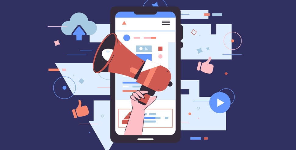 Illustration of a hand holding a megaphone emerging from a smartphone screen, surrounded by social media icons like thumbs-up and play button.