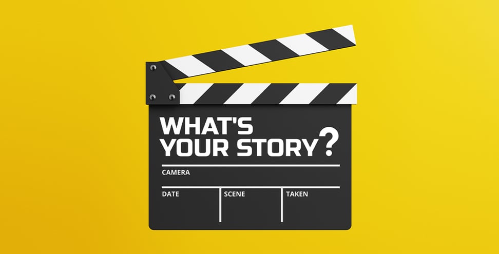 A 3D illustration featuring a movie clapperboard with the question What's Your Story? on a bright yellow background