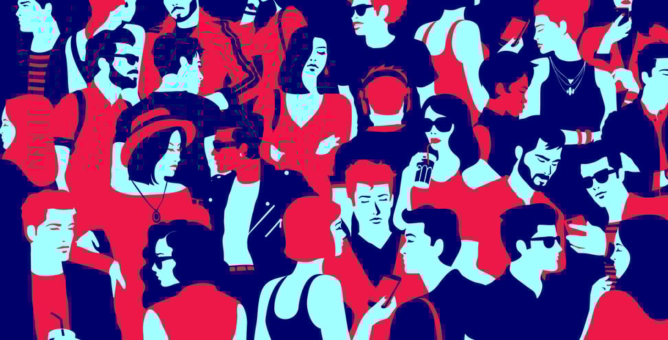 Stylized silhouette of crowd of people, casual mixed group of young adults hanging out, chatting or drinking gathered for event, simple minimal pop art style flat design vector illustration.
