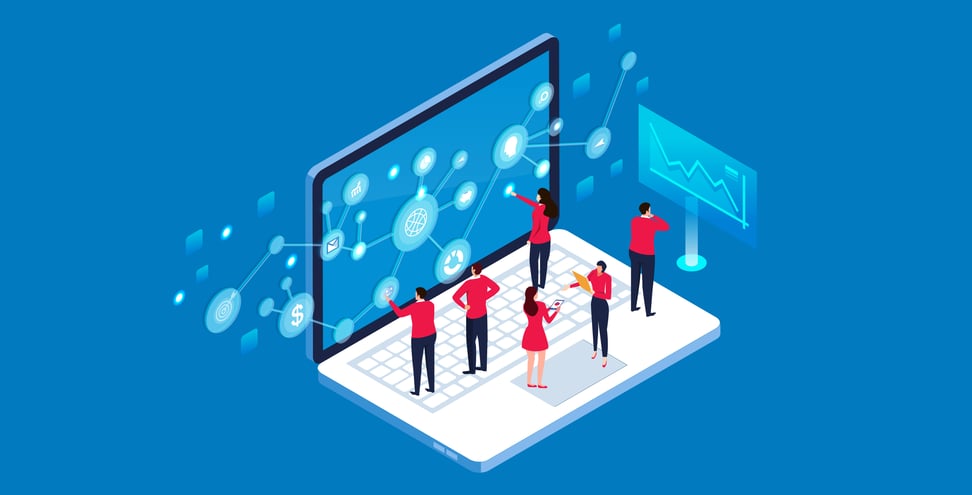 Various figures standing on laptop analyzing data that is migrating off screen