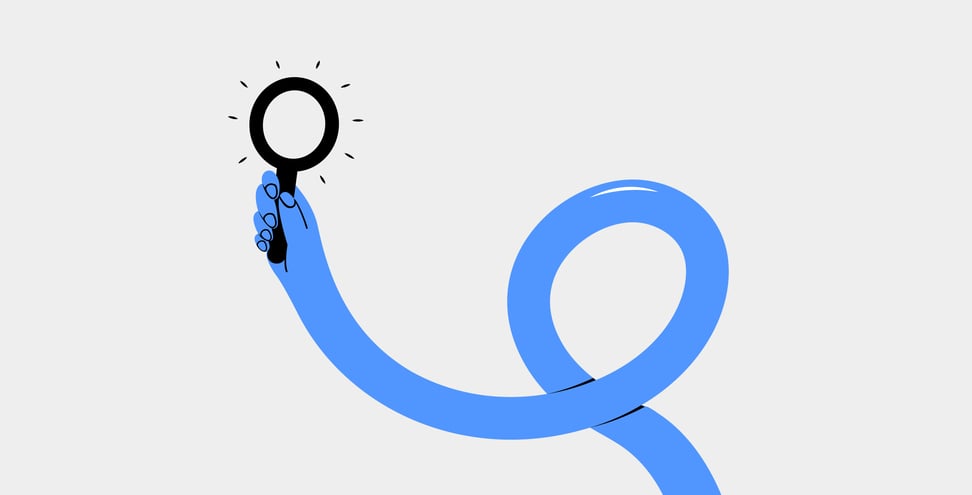 Funky long hand holding magnifying glass, concept of searching, gathering information, looking for something. Isolated vector illustration in flat design.