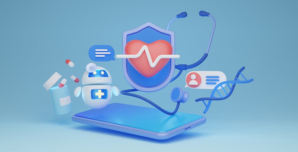 Health care 3D concept illustration. Telemedicine and AI in modern healthcare, advanced medical assistance, diagnosis and prevention services.
