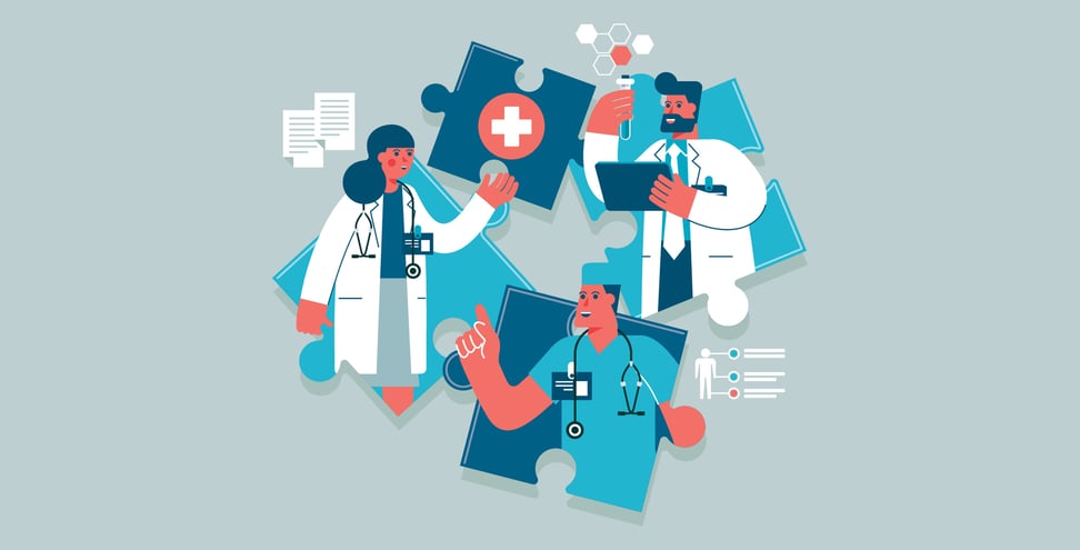 Doctors and nurses in puzzle pieces healthcare teamwork