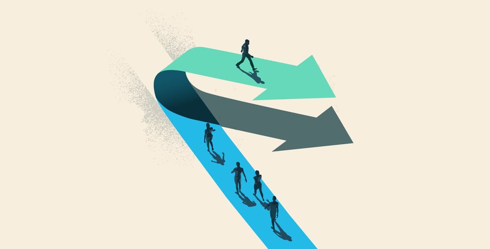 Illustrated group of people walk along a path that curls over itself and forms an arrow where one person stands alone, heading in a new direction.