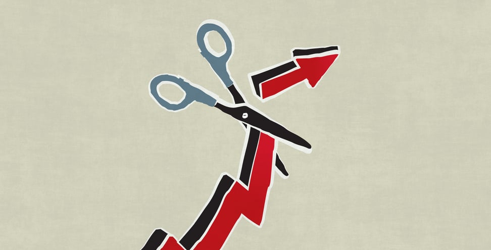 Illustration of scissors cutting a rising red arrow on a pale beige background.