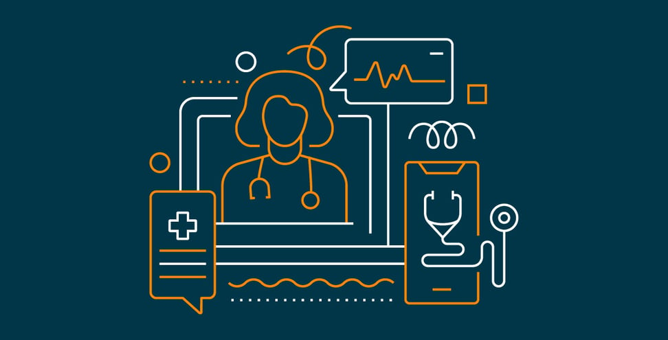 Illustration of telemedicine: a doctor on a screen, medical chat, prescription, and health monitoring devices depicted on a dark background.