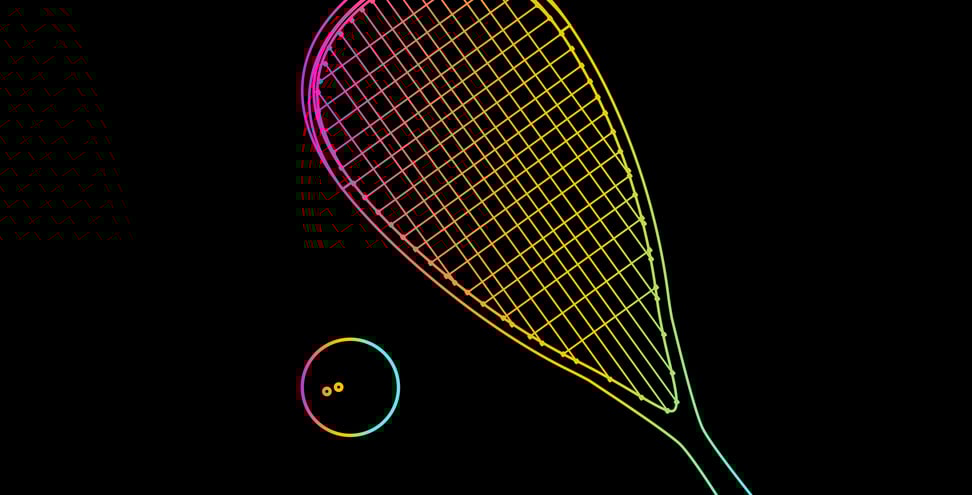 Neon gradient line illustration of a squash racket and ball on a black background.