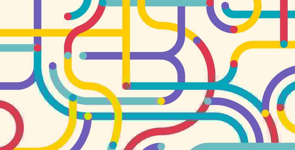 Abstract illustration of interconnected curved lines and dots in bright yellow, teal, red, and purple, resembling a playful transit map or network, set against a light cream background.