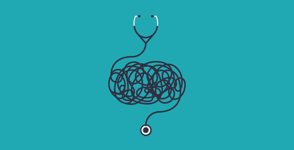Tangled stethoscope communicating complex medical confusion illustration concept.