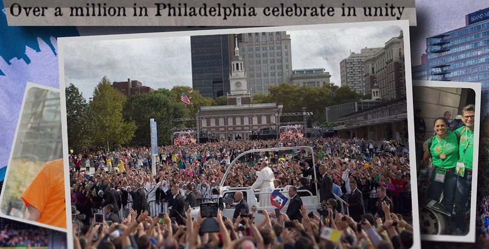Pope Francis greets massive Philadelphia crowd outside Independence Hall.