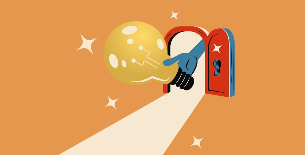A giant hand opens the door and holds a big idea light bulb, lighting the road ahead