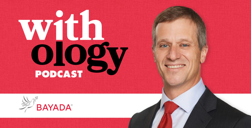 Man (David Baiada) over Withology Podcast logo on red background