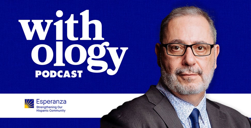 Reverend Luis Cortes in front of a blue background. Behind him the text reads "Withology podcast".